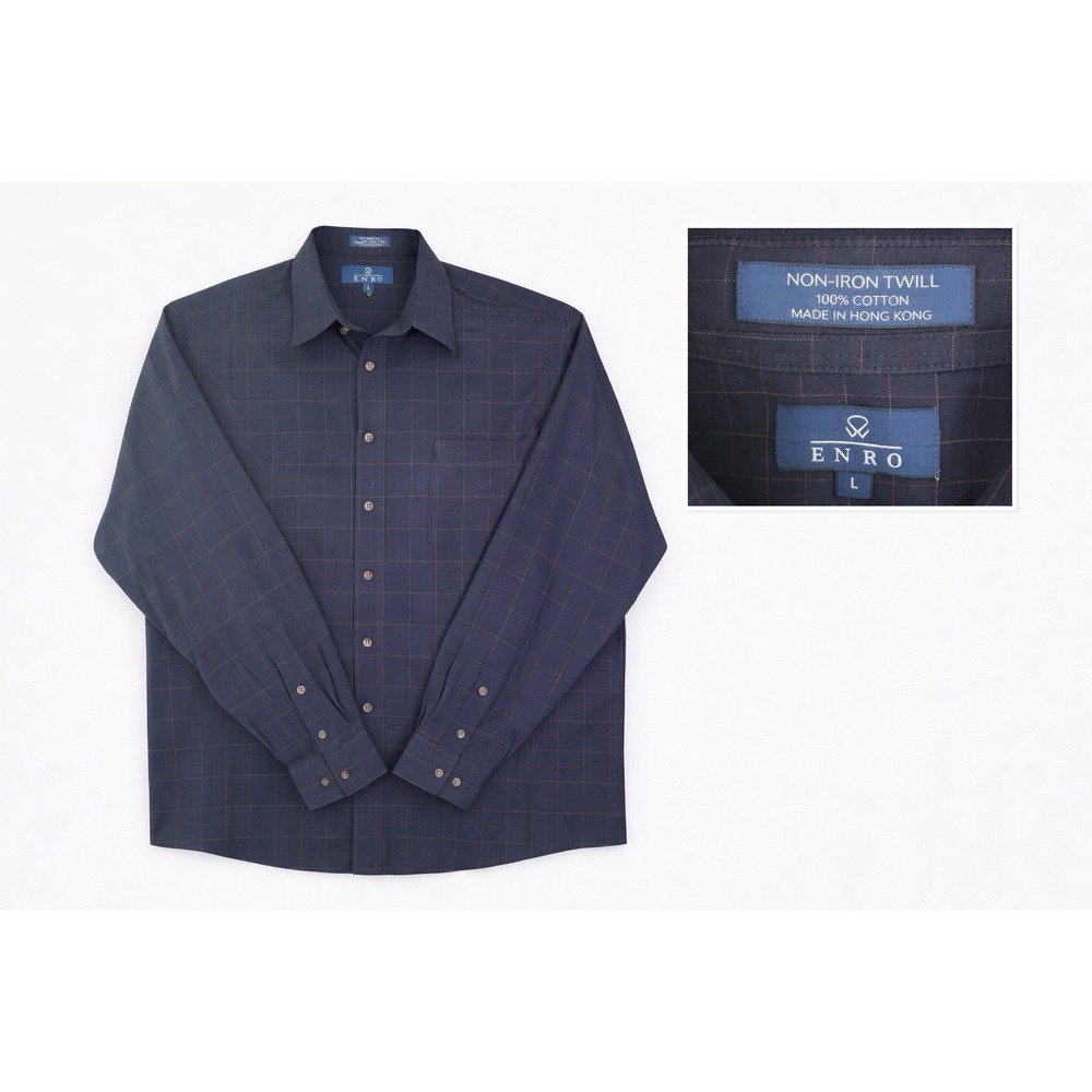 Enro Mens Non-Iron Twill Dress Shirt Navy Blue Grid Check 100% Cotton Large